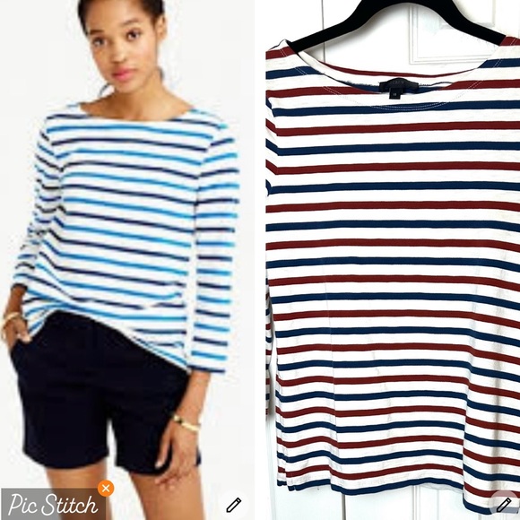 J. CREW Boat Neck Tee T-Shirt Top Blouse Ivory Blue Red Pullover Nautical Knit - Picture 2 of 10